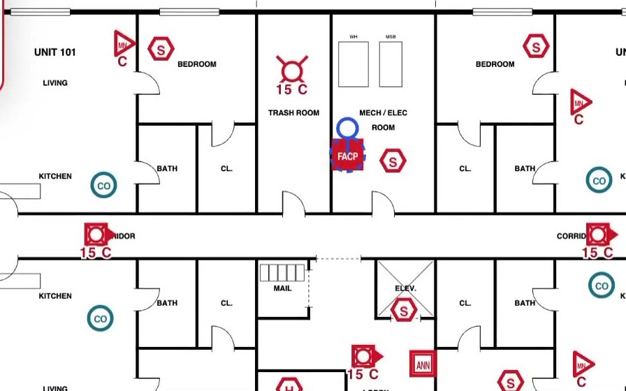A real floor plan marked up by Perfect Takeoff: smoke and CO detectors in each unit, horn strobes along the corridor, and the FACP placed in the electrical room.